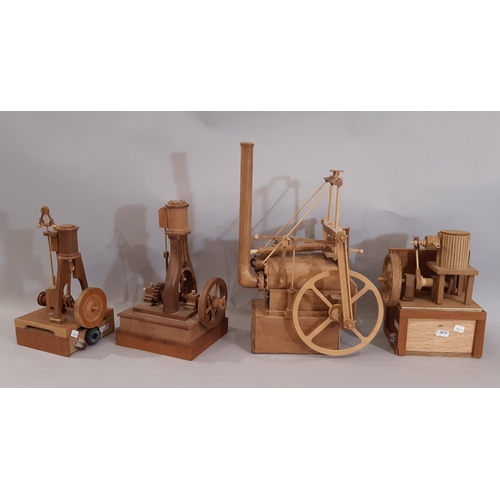 821 - 4 scratch-built wooden models of early steam engines including a single piston horizontal engine hei... 