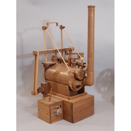 821 - 4 scratch-built wooden models of early steam engines including a single piston horizontal engine hei... 