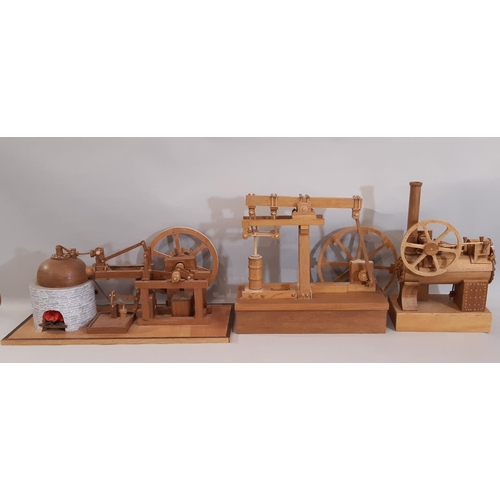 826 - 3 scratch built wooden models of early steam engines in teak including a stationary engine with arch... 