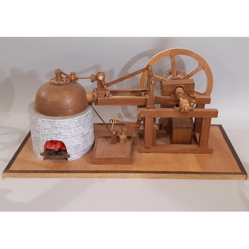 826 - 3 scratch built wooden models of early steam engines in teak including a stationary engine with arch... 