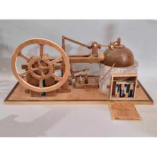 826 - 3 scratch built wooden models of early steam engines in teak including a stationary engine with arch... 