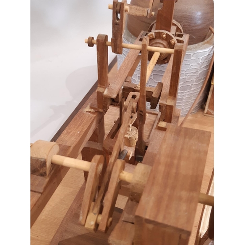 826 - 3 scratch built wooden models of early steam engines in teak including a stationary engine with arch... 