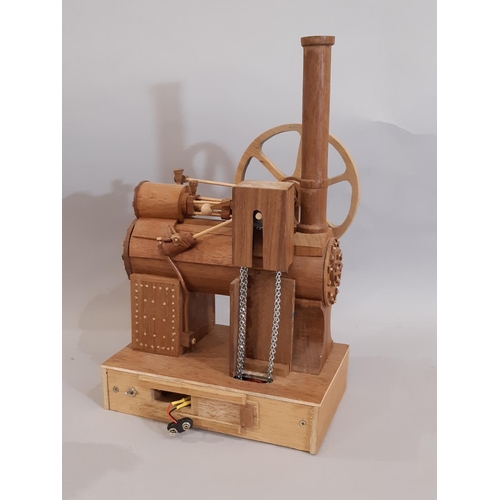 826 - 3 scratch built wooden models of early steam engines in teak including a stationary engine with arch... 