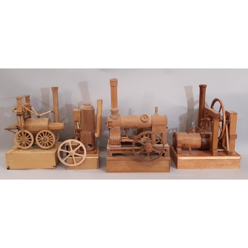 827 - 4 scratch-built wooden models of early steam engines in teak including two substantial stationary ho... 