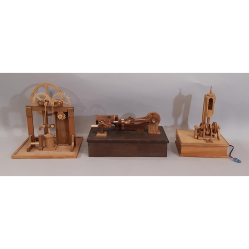 828 - Three scratch-built wooden stationary steam engines models including a vertical engine with flywheel... 