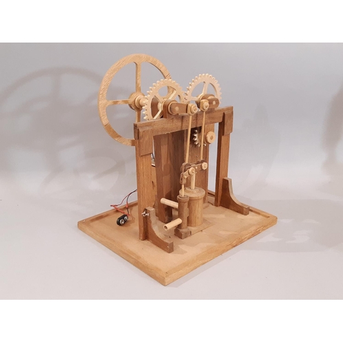 828 - Three scratch-built wooden stationary steam engines models including a vertical engine with flywheel... 