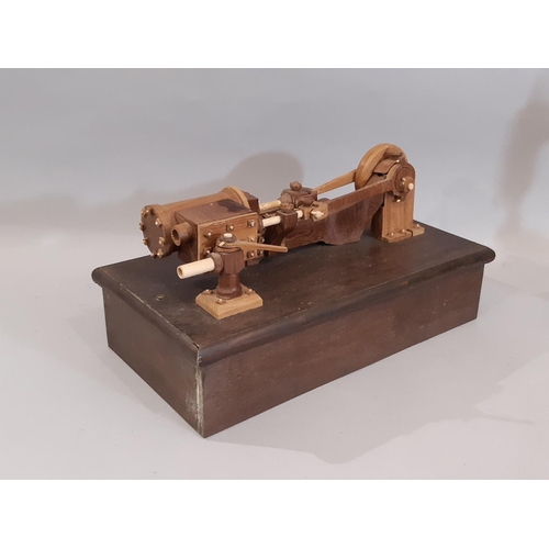 828 - Three scratch-built wooden stationary steam engines models including a vertical engine with flywheel... 