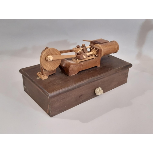 828 - Three scratch-built wooden stationary steam engines models including a vertical engine with flywheel... 