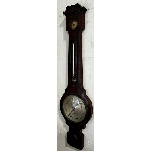 443 - Dollond of London, a 19th century mahogany barometer, with silvered dials and strung inlaid borders.