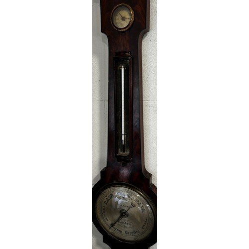 443 - Dollond of London, a 19th century mahogany barometer, with silvered dials and strung inlaid borders.