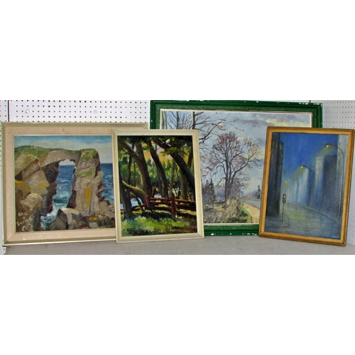 Four 20th century landscape paintings by different artists, to include: Peter Hayward - Residential street scene with trees (1983), signed and dated lower left, oil on Masonite, 43 x 60 cm; A. Sutherlands - 'Brig O' Trams' (1961), oil on board, 35 x 45 cm, titled, signed and dated lower left; J. Fourie - Empty Street Scene, signed lower right, oil on Masonite, 30 x 40 cm; together with a woodland scene with fence (1954), indistinctly signed and dated lower right, 37 x 29 cm; all framed (4)