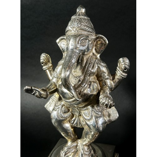 183 - An Indian silver figure of the deity Ganesha with his Vahana, a rat sat in front, raised on a square... 