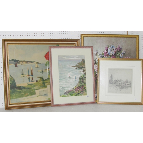 1691 - Four 20th century framed works to include: Edith Hays - Still life with vase of flowers, signed lowe... 