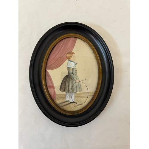 1702 - 19th Century Naïve School - portrait of a boy holding a hoop, standing in profile, watercolour on ca... 