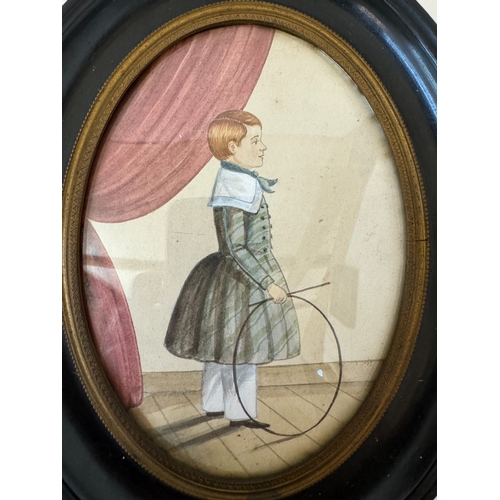 1702 - 19th Century Naïve School - portrait of a boy holding a hoop, standing in profile, watercolour on ca... 