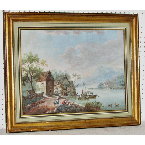 1710 - 19th century Continental school - A riverside landscape scene including figures with animals, boats ... 