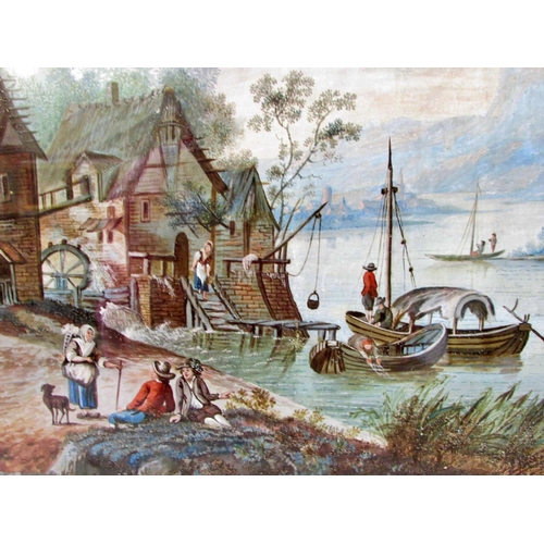 1710 - 19th century Continental school - A riverside landscape scene including figures with animals, boats ... 