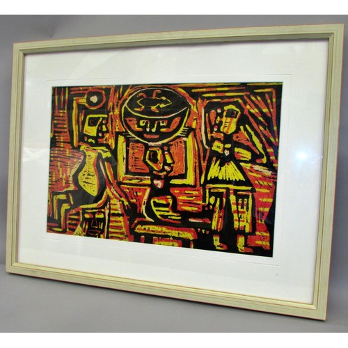 1726 - 20th Century African school, composition with figures, linocut/woodblock, 30 x 45 cm, framed.

Purch... 