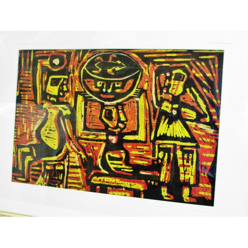 1726 - 20th Century African school, composition with figures, linocut/woodblock, 30 x 45 cm, framed.

Purch... 