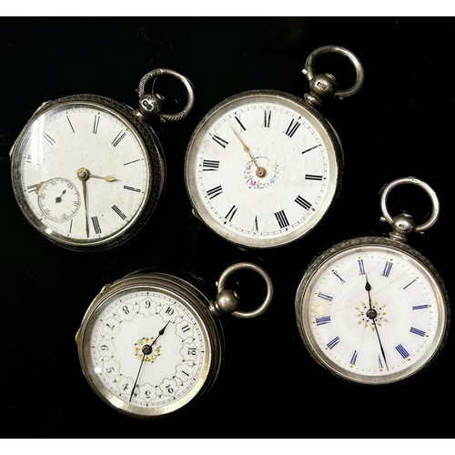 423 - Four 19th century fob / pocket  watches, three in silver, one silver plate, all key wound (4)