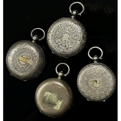 423 - Four 19th century fob / pocket  watches, three in silver, one silver plate, all key wound (4)