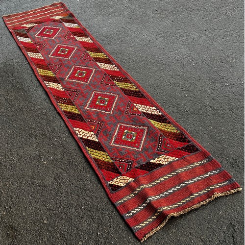 1523 - Meshwani Runner with repeating red and blue diamond pattern with hints of mint green,  241cm x 62cm