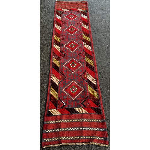 1523 - Meshwani Runner with repeating red and blue diamond pattern with hints of mint green,  241cm x 62cm