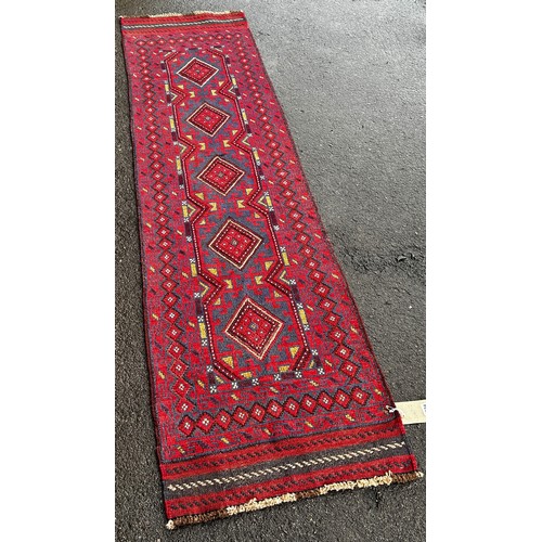 1524 - Meshwani Runner with a repeating red and blue diamond pattern with hints of mustard yellow,  236cm x... 