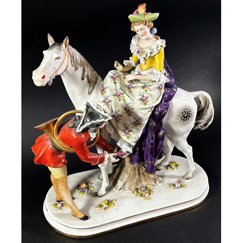 70 - Pair of Capodimonte equestrian groups of characters in 18th century dress with floral sprig detail