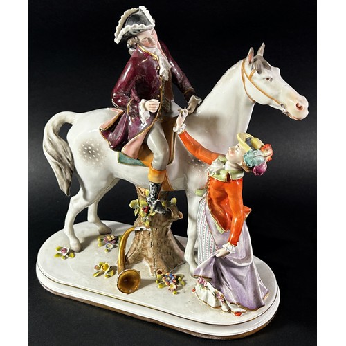 70 - Pair of Capodimonte equestrian groups of characters in 18th century dress with floral sprig detail