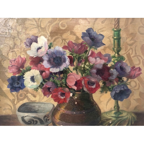 1594 - J. Prochazka (20th Century) - Still life with vase of flowers, ceramic pot and candle holder (1951),... 