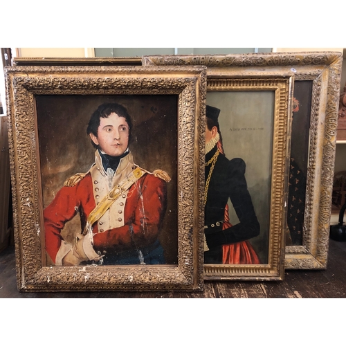 1635 - Three 20th century reproduction historical portraits with four 19th gilt wood and gesso frames of th... 