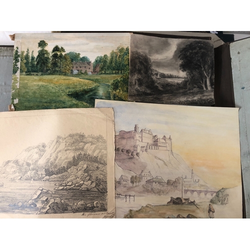 1641 - Three large folios of 19th-20th century drawings and watercolours to include: Rural scene in waterco... 