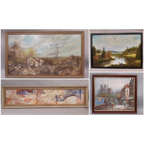 1719 - Four 20th century oil paintings to include three landscapes: Burnett - Paris Street scene, signed, 5... 