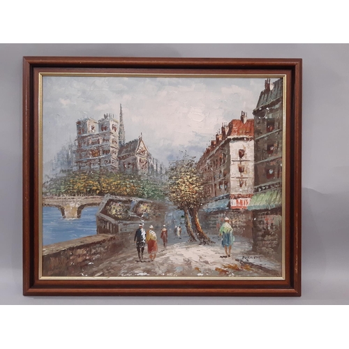 1719 - Four 20th century oil paintings to include three landscapes: Burnett - Paris Street scene, signed, 5... 