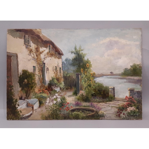 1721 - Eva Walbourn (1872-1927) - Summer Garden with thatched cottage, signed lower right, oil on card, lat... 