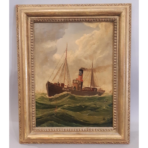 1613 - Late 19th Century Naïve School - Steam trawler on the water, initialled 'H.S' lower right, oil on bo... 