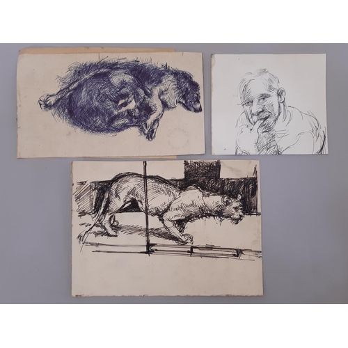 1704 - Robert Oscar Lenkiewicz (1941-2002) - four pen studies of figures and animals with drawings verso, a... 