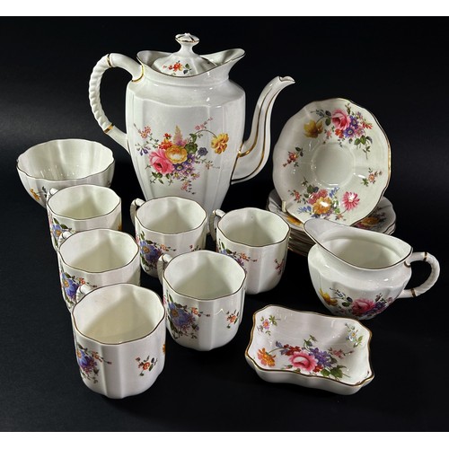 107 - A Royal Crown Derby coffee set for six with floral bouquet details