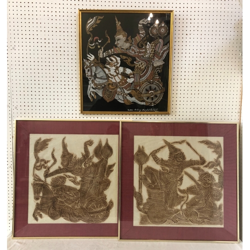 1678 - Three Thai artworks to include two temple rubbings of characters riding chariots, together with a wo... 