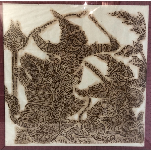 1678 - Three Thai artworks to include two temple rubbings of characters riding chariots, together with a wo... 