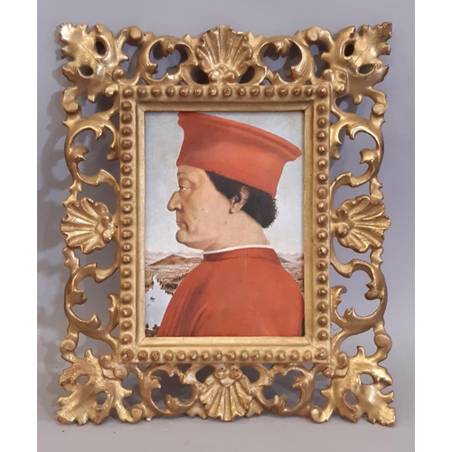 1654 - Two Florentine pierced gilt frames containing prints of  renaissance paintings/drawings, after Piero... 