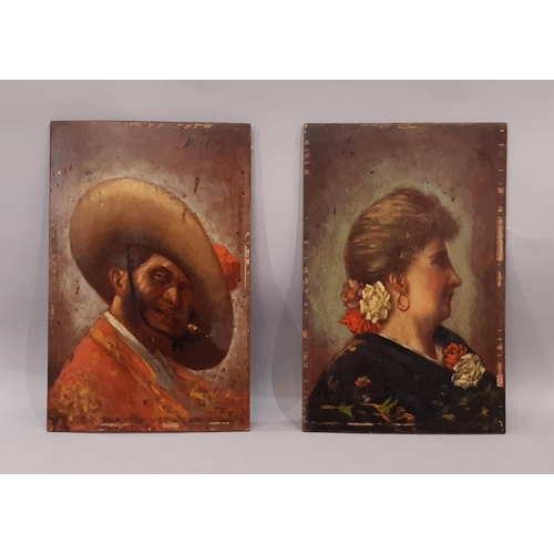 1656 - Enrico Belli (Italian, 1875-1907) Spanish Couple Portraits, quarter-length in profile, both signed a... 