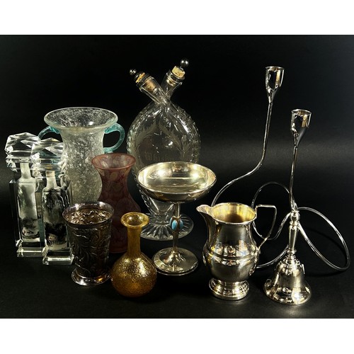 155A - A miscellaneous collection of glass and silver plate items including a 19th century double spout Bra... 