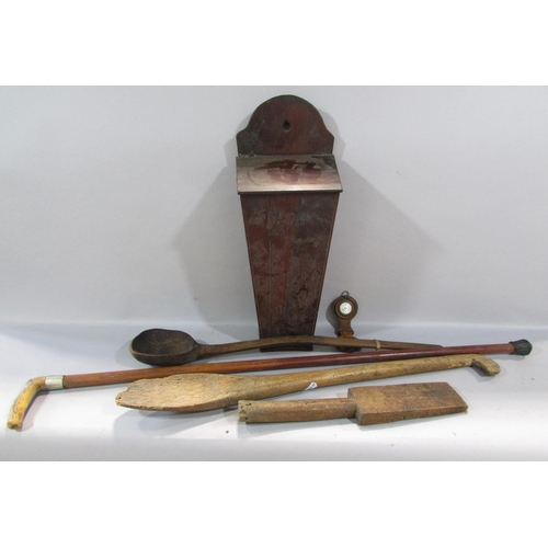 481A - Collection of treen items to include bushel measures, seed fiddle,  spoons, a mahogany tray, a walki... 