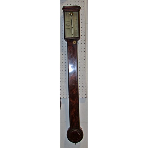 442 - A 19h century stick barometer, with silvered dial, in flamed mahogany case.