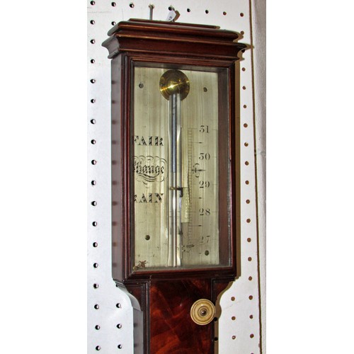 442 - A 19h century stick barometer, with silvered dial, in flamed mahogany case.