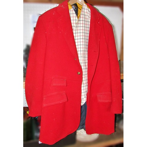 489 - A red fox hunting jacket with a waistcoat and three further black hunting jackets, (as Found)