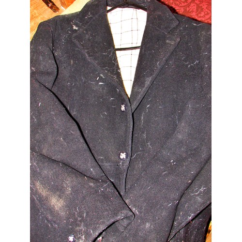 489 - A red fox hunting jacket with a waistcoat and three further black hunting jackets, (as Found)