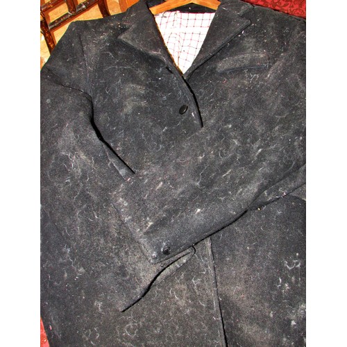 489 - A red fox hunting jacket with a waistcoat and three further black hunting jackets, (as Found)